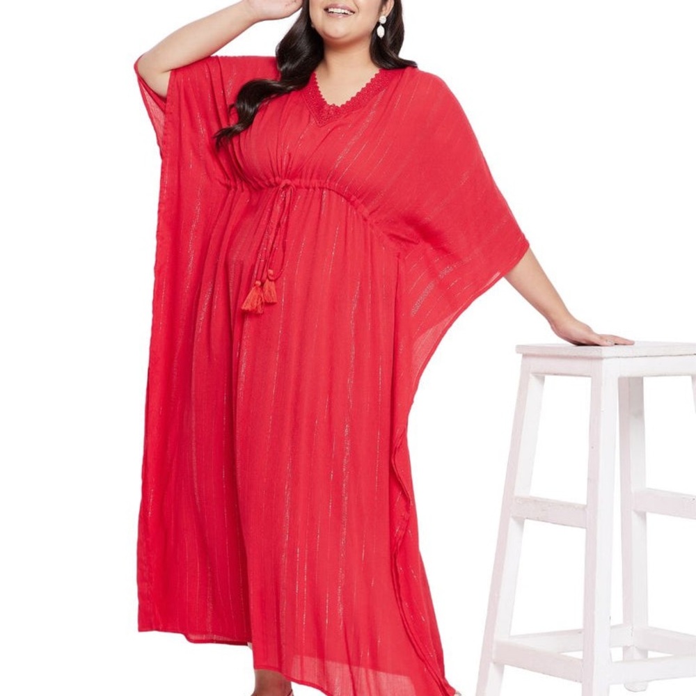 Gypsie Blu Red Rayon Kaftan Maxi Dress OS Plus Lurex Stripe Boho Vacation